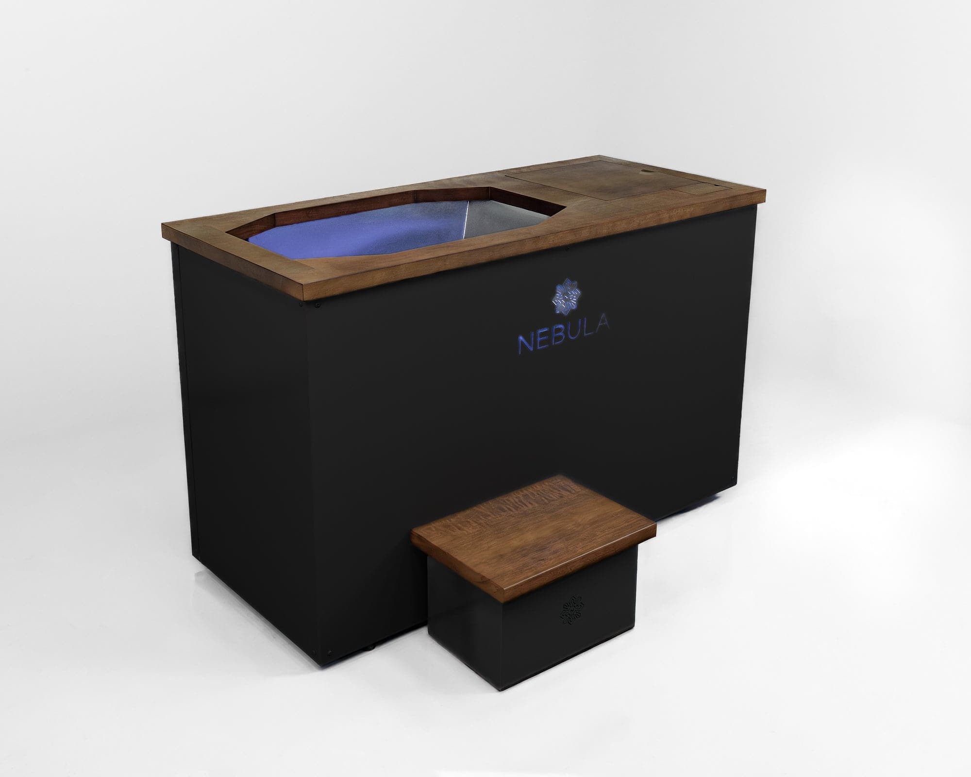 Nebula cold plunge in black, side view, lid open on the stainless steel tub