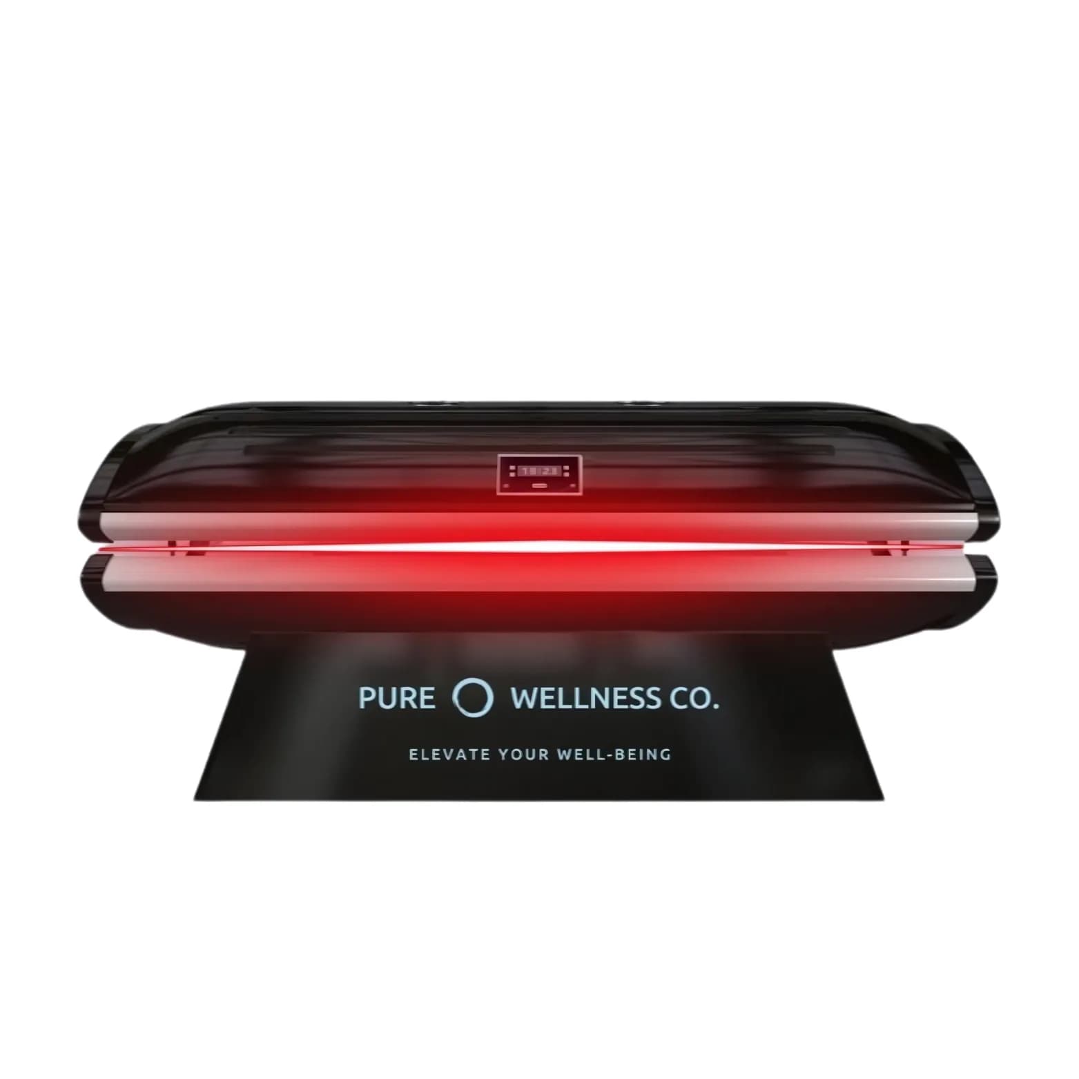 A futuristic device with a black exterior and a red glowing light in the center, situated on a black surface with the words "PURE WELLNESS CO. ELEVATE YOUR WELL-BEING" displayed underneath.