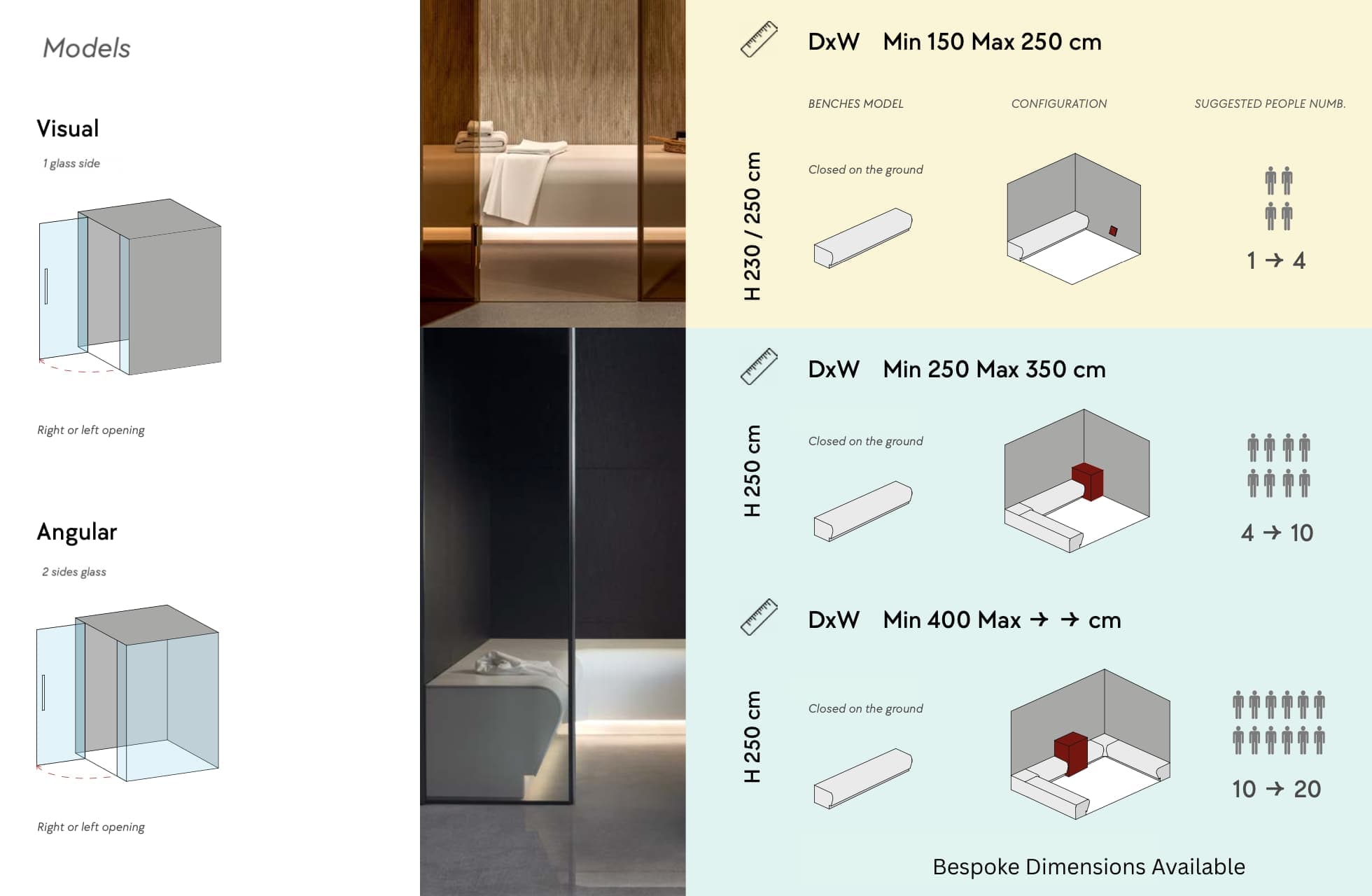 Comparison chart of three glass shower enclosure models with their dimensions, configurations, images, and suggested number of users. Top model has dimensions 150-250 cm width and 230-250 cm height, closed on the ground, for 1-4 users. Middle model has dimensions 250-350 cm width and 250 cm height, with an interior corner wall, for 4-10 users. Bottom model has adjustable width up to 400 cm, height 250 cm, with an interior corner wall, suitable for 10-20 users. Includes images of each model and their diagrams.