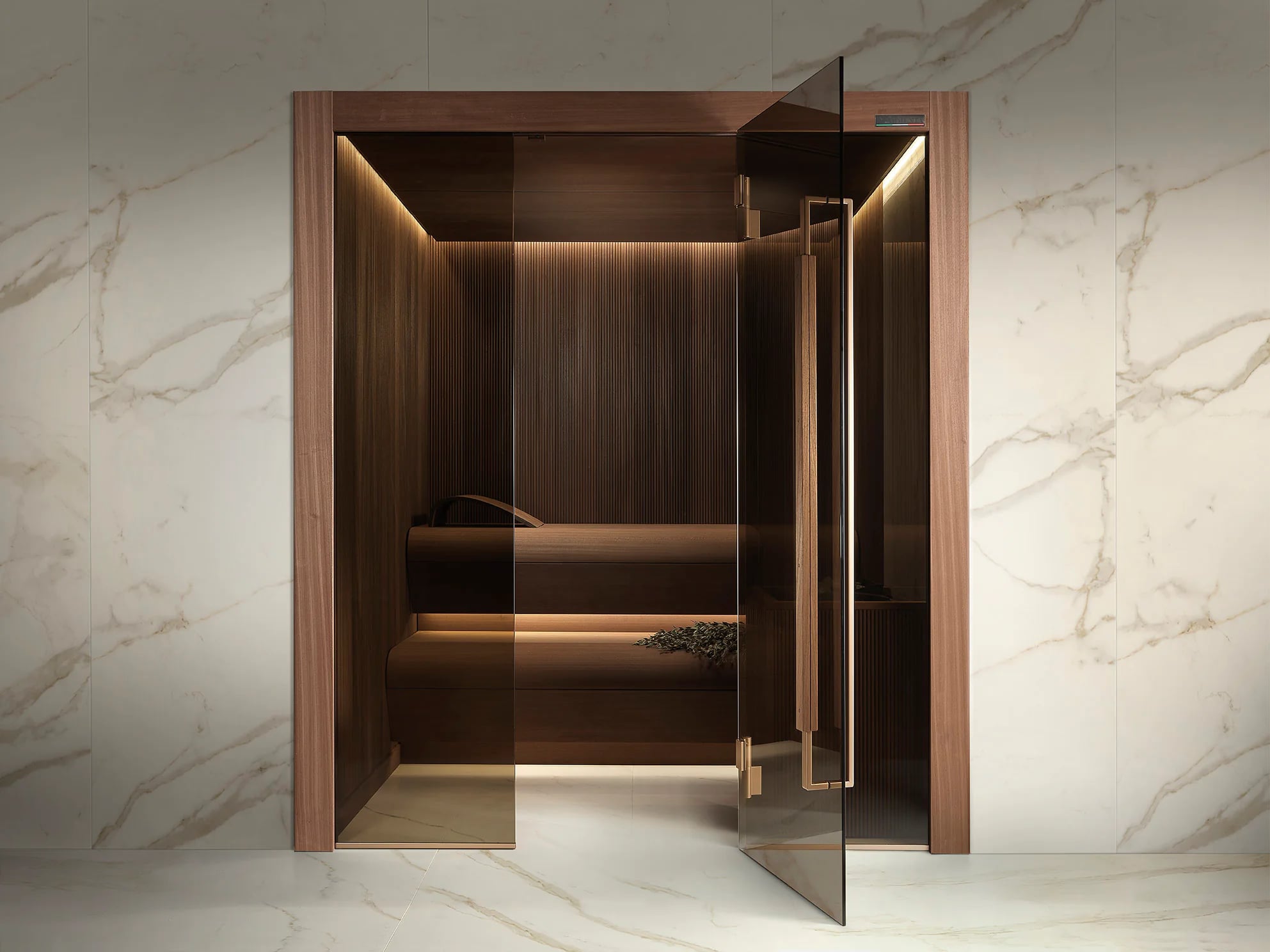 INFINITY sauna with bronze-tinted glazing and warm timber interior