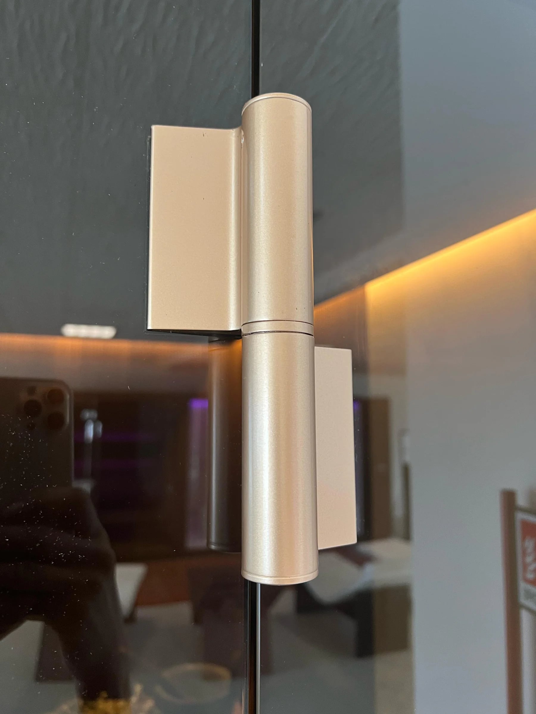 Soft-close glass door hinge detail on an INFINITY sauna