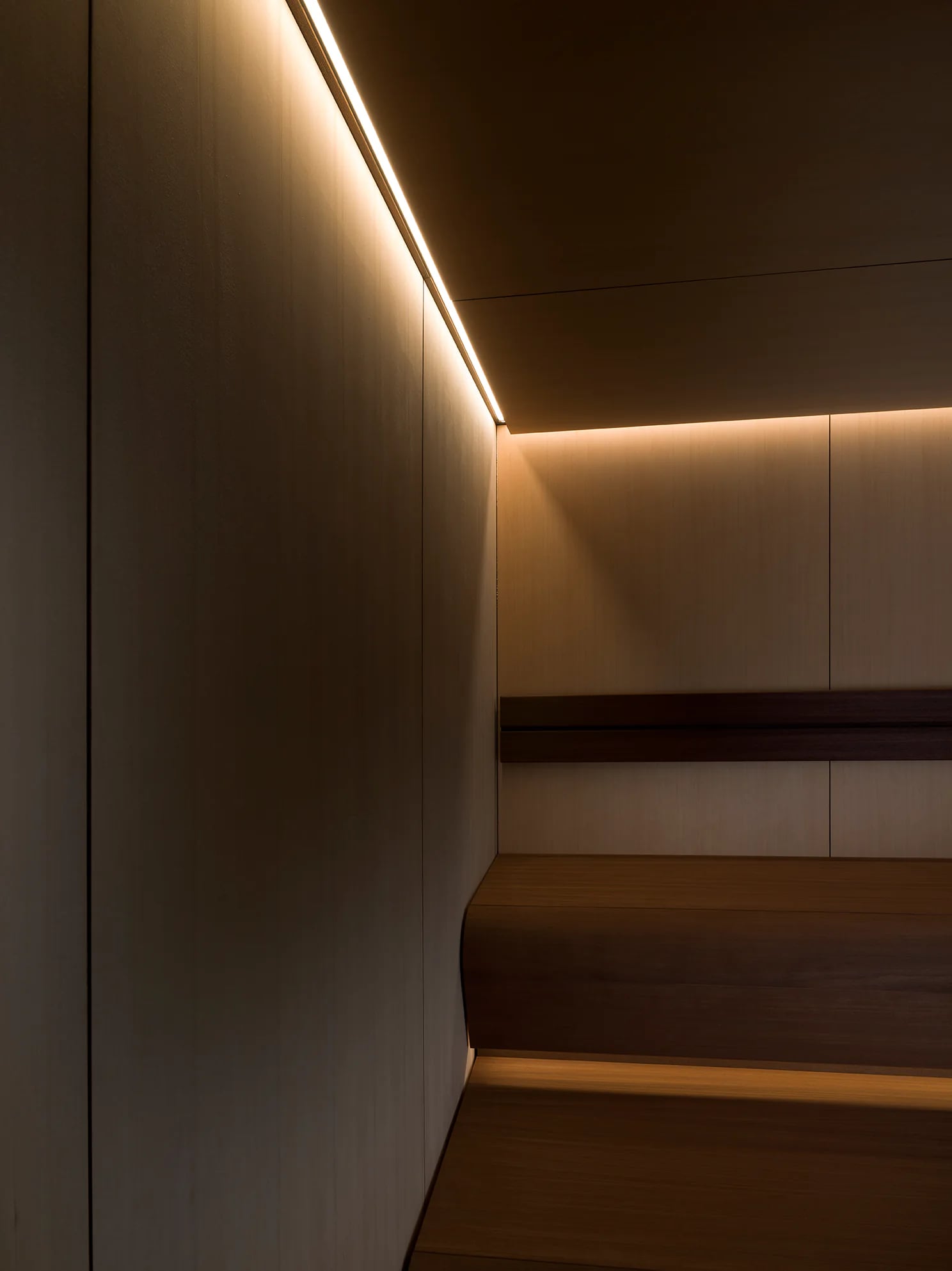 Integrated LED lighting beneath light timber sauna benching