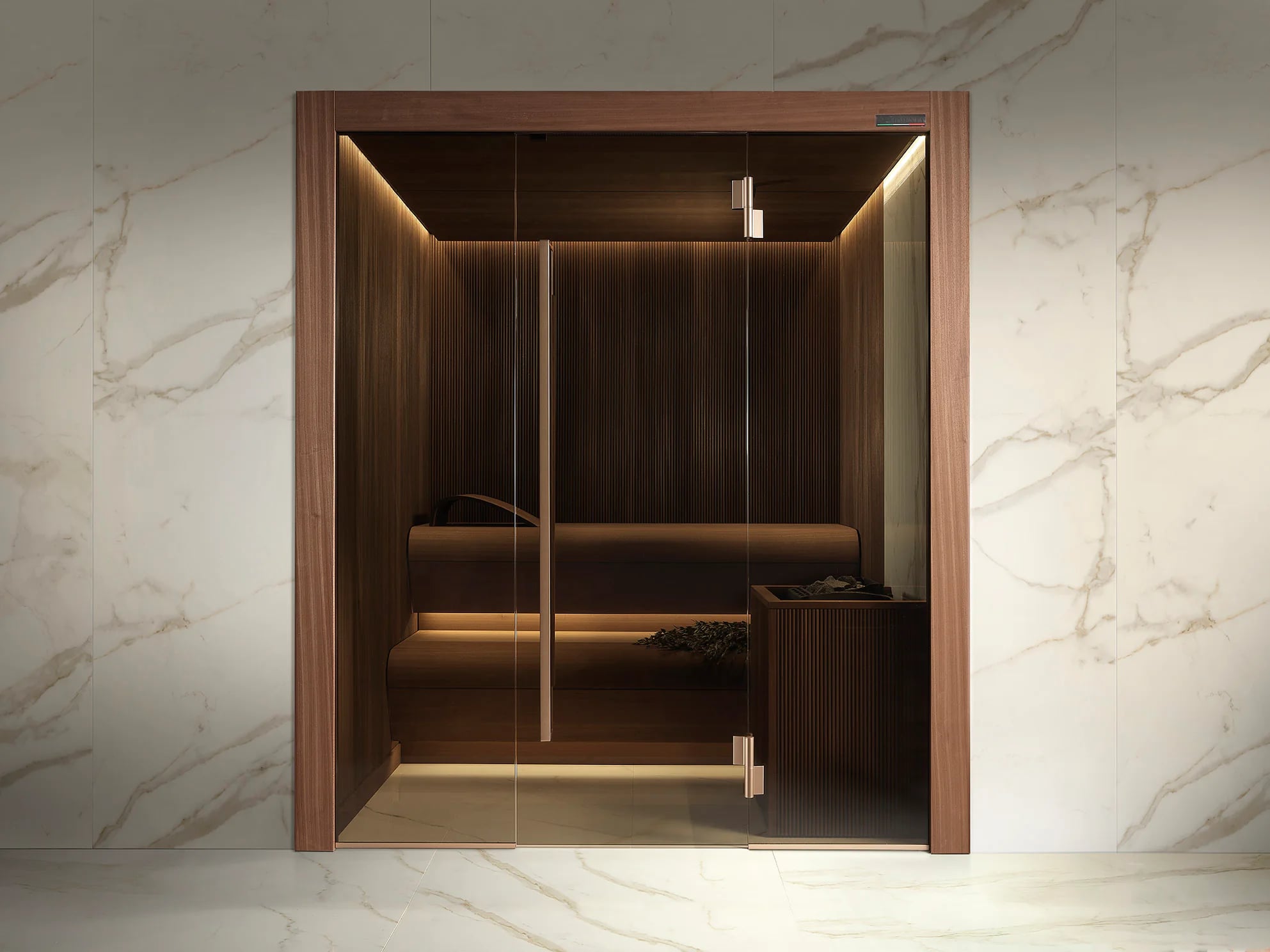 INFINITY sauna framed by a marble-effect surround