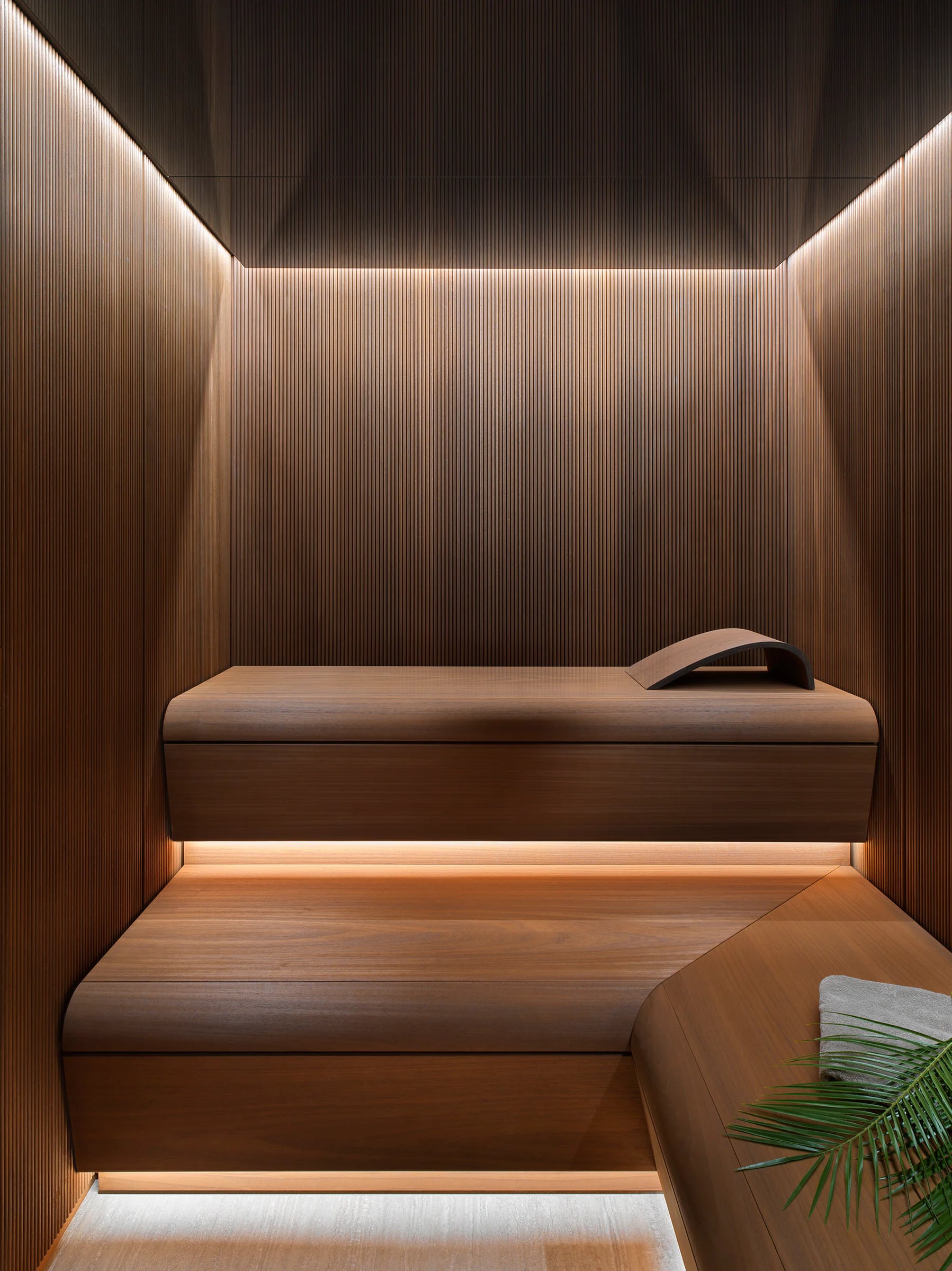 INFINITY sauna configuration with upholstered bench cushions