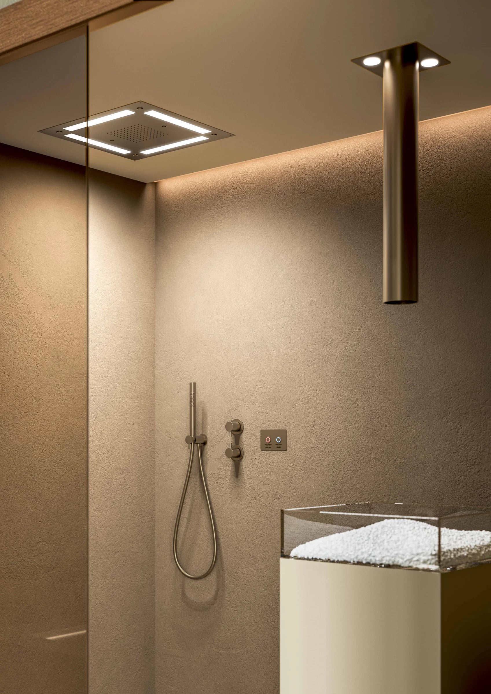 Integrated ceiling shower within an INFINITY steam room