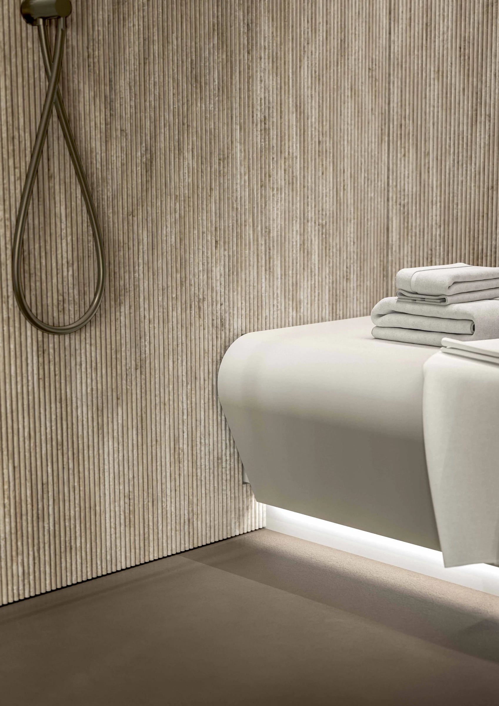 Floating solid-surface steam room bench with a ceiling shower