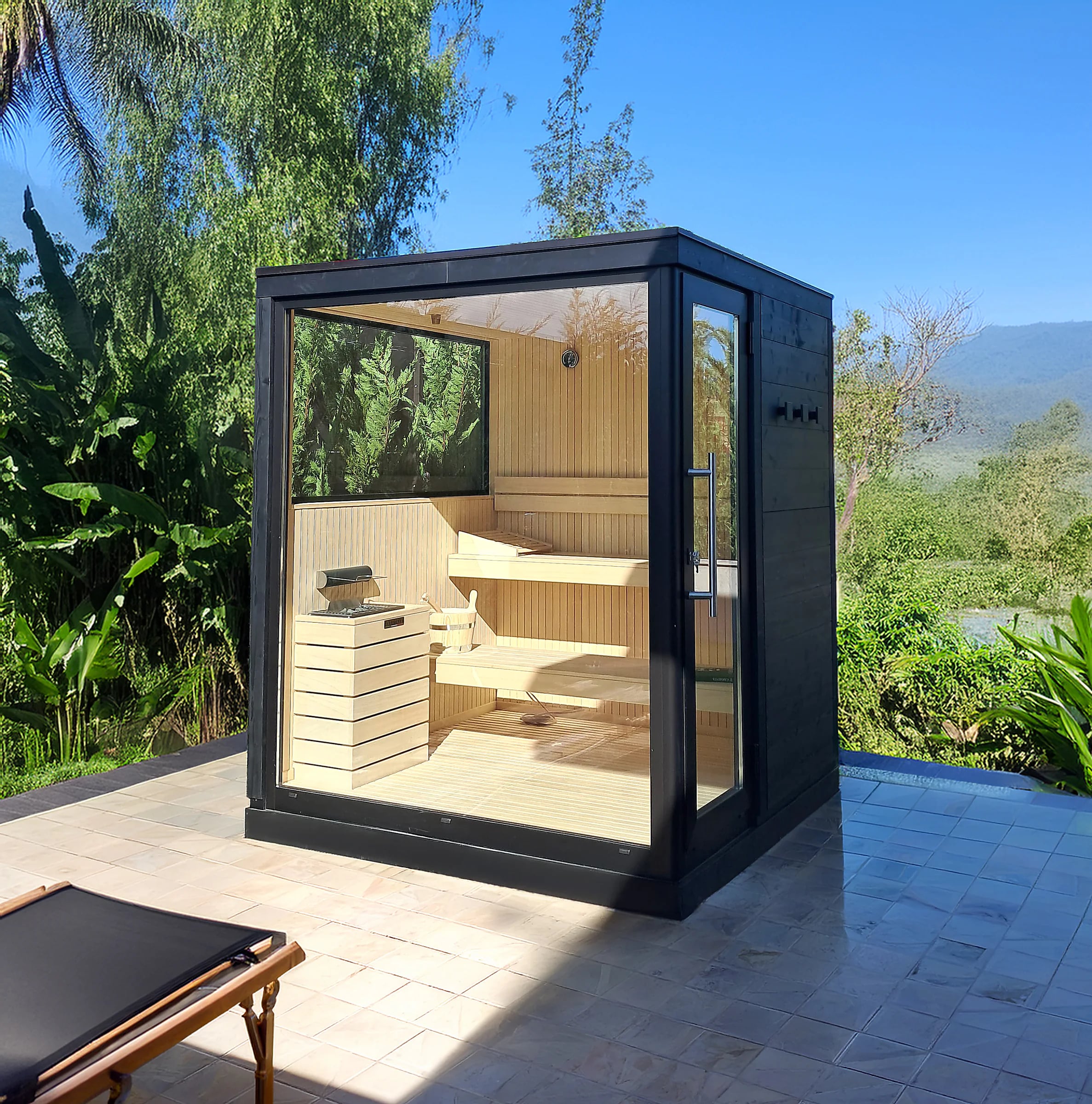 Compact glass-fronted outdoor sauna configuration