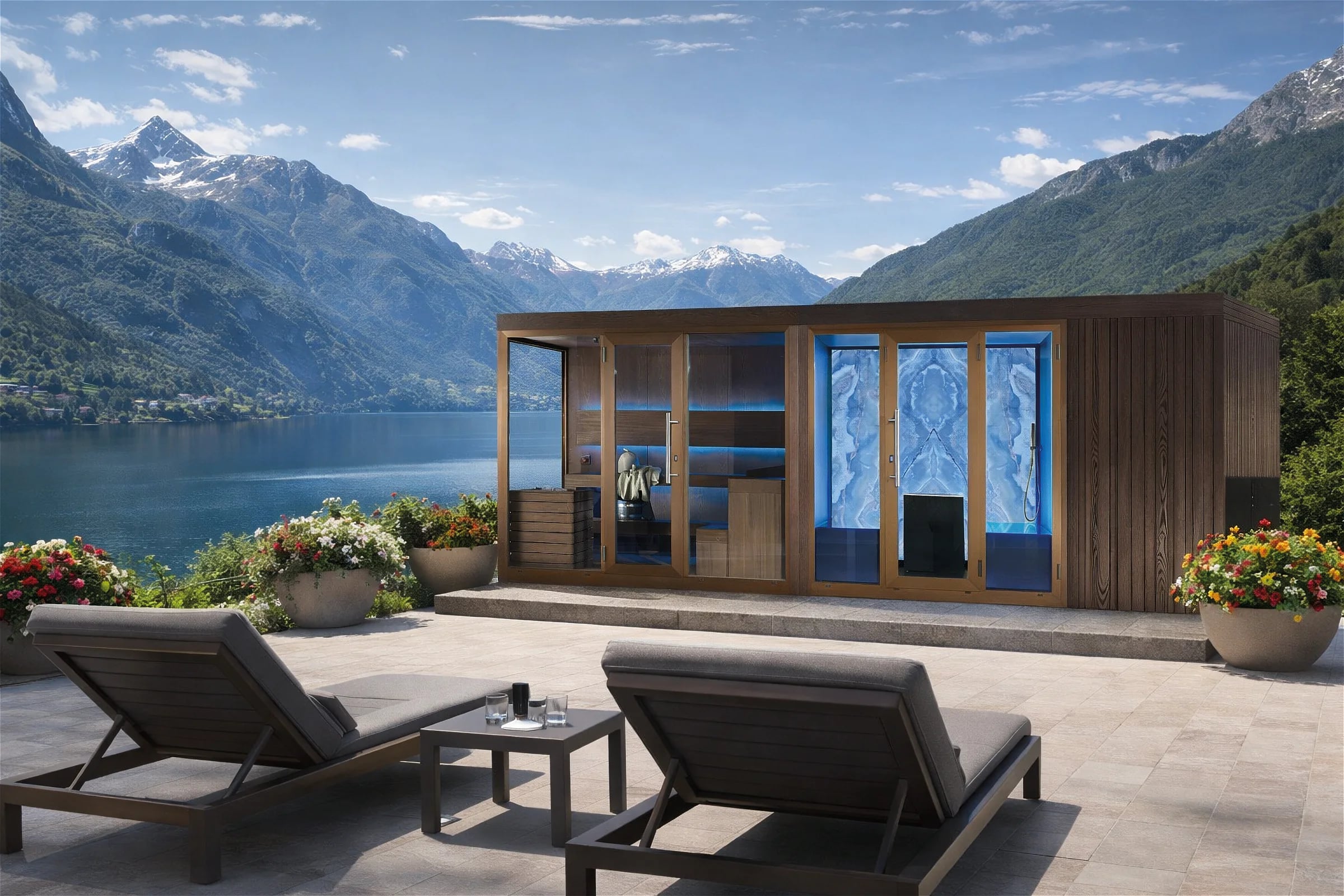 Panorama outdoor wellness cabin concept with sauna, steam and shower modules beside a mountain lake