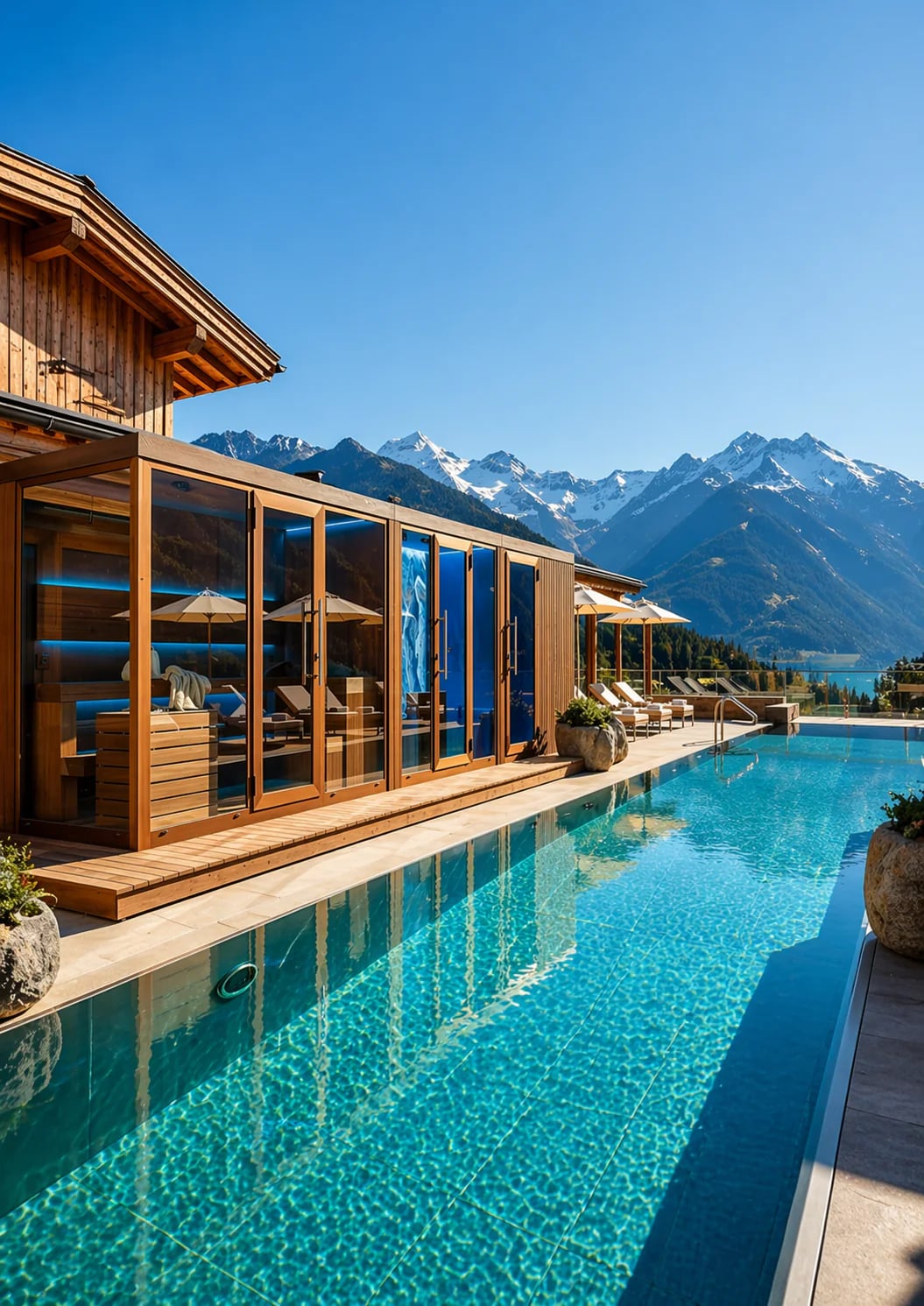 Outdoor wellness cabin concept beside a resort pool