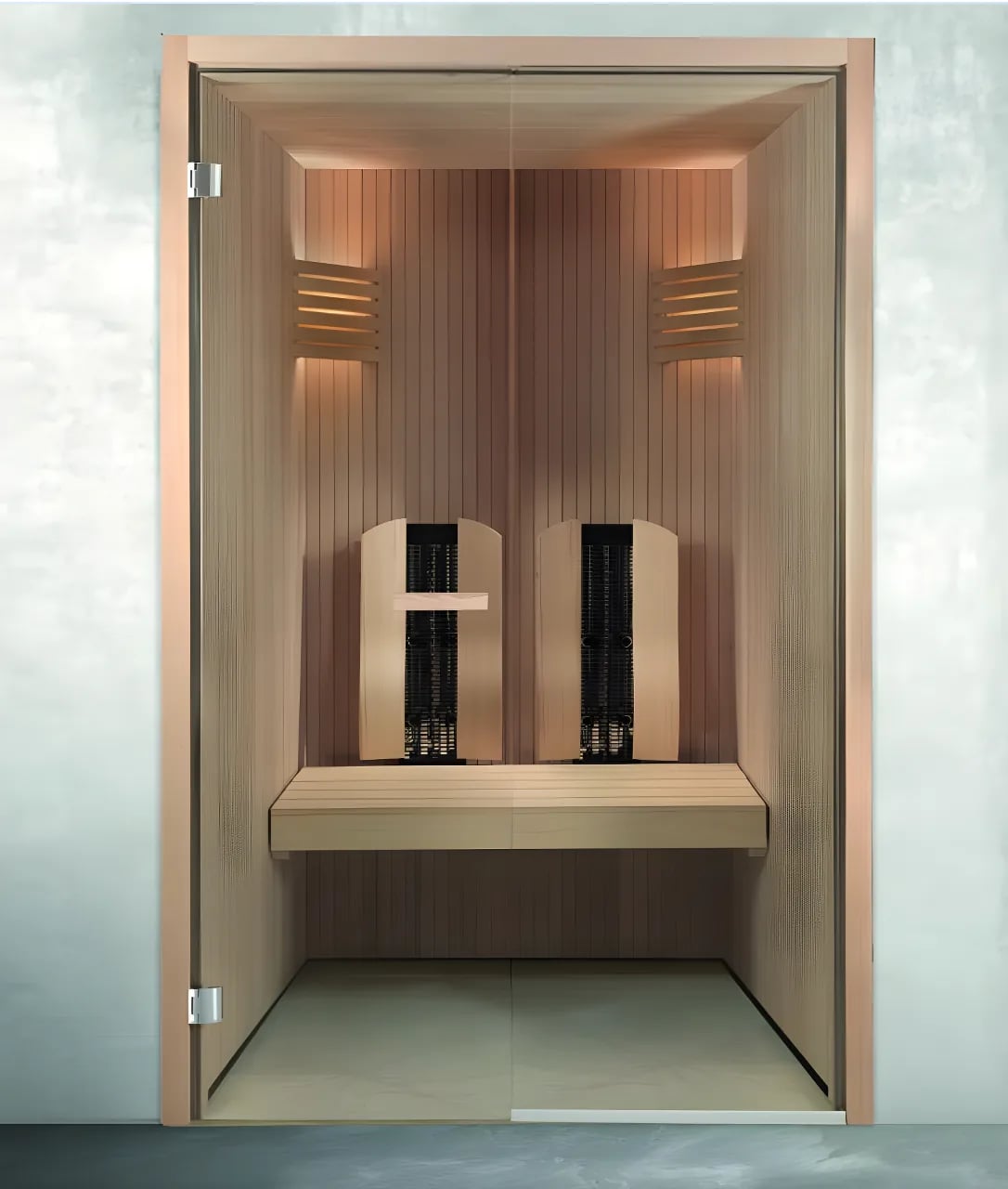A modern, minimalistic phone booth with a light wooden interior and dark server or electronic equipment behind the doors.