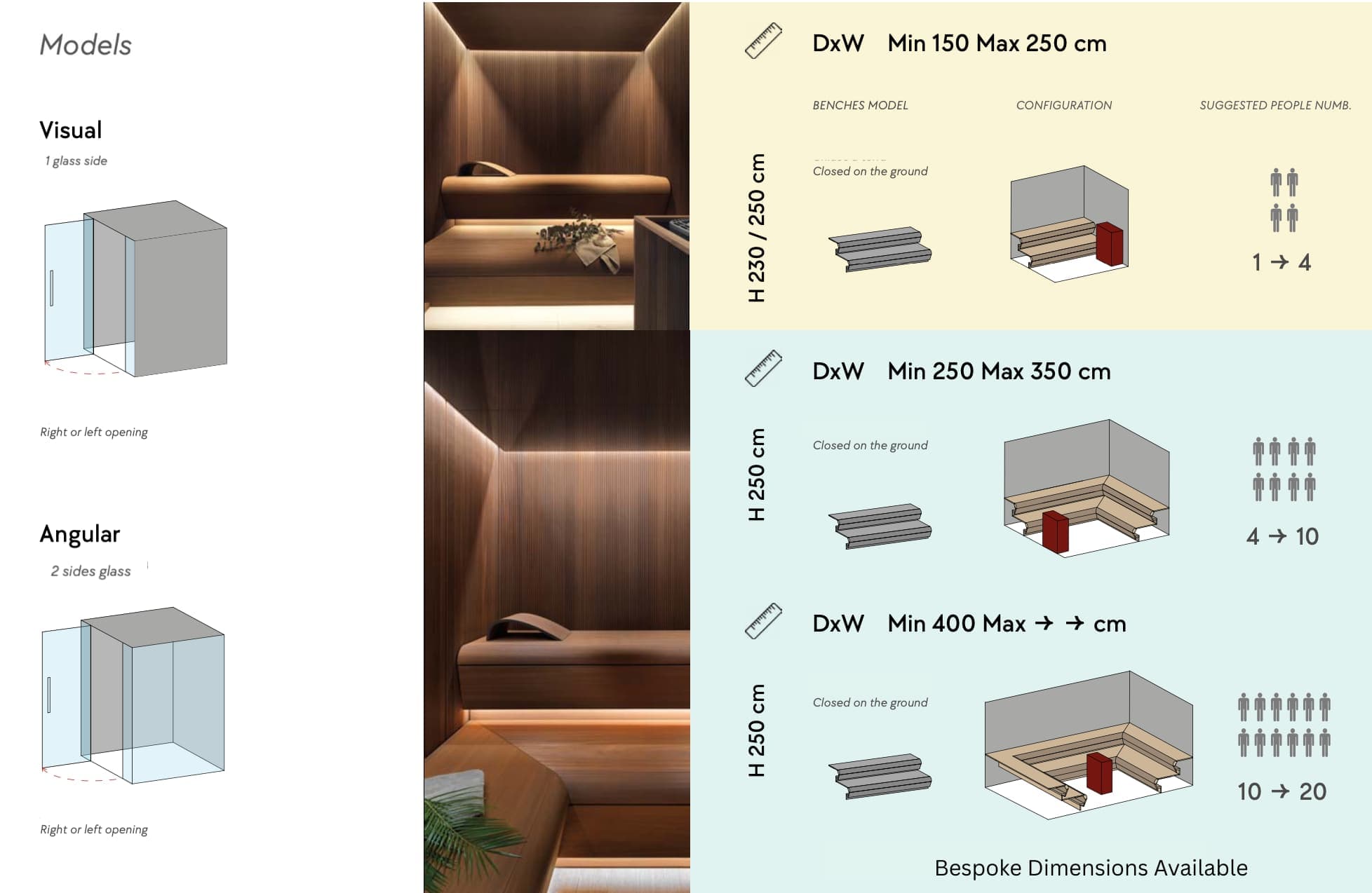 Design specifications for custom benches with different configurations and dimensions, including wall-mounted and angular options, illustrated with diagrams and interior images of a cozy, wood-paneled space.