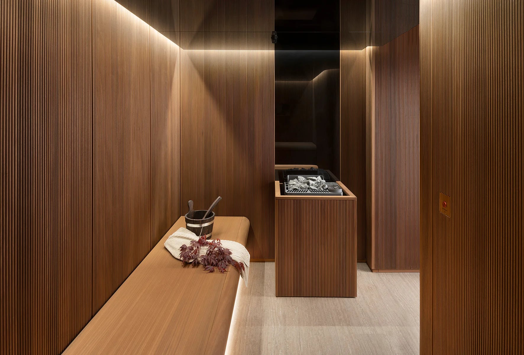 INFINITY sauna interior showing ribbed timber cladding and integrated lighting