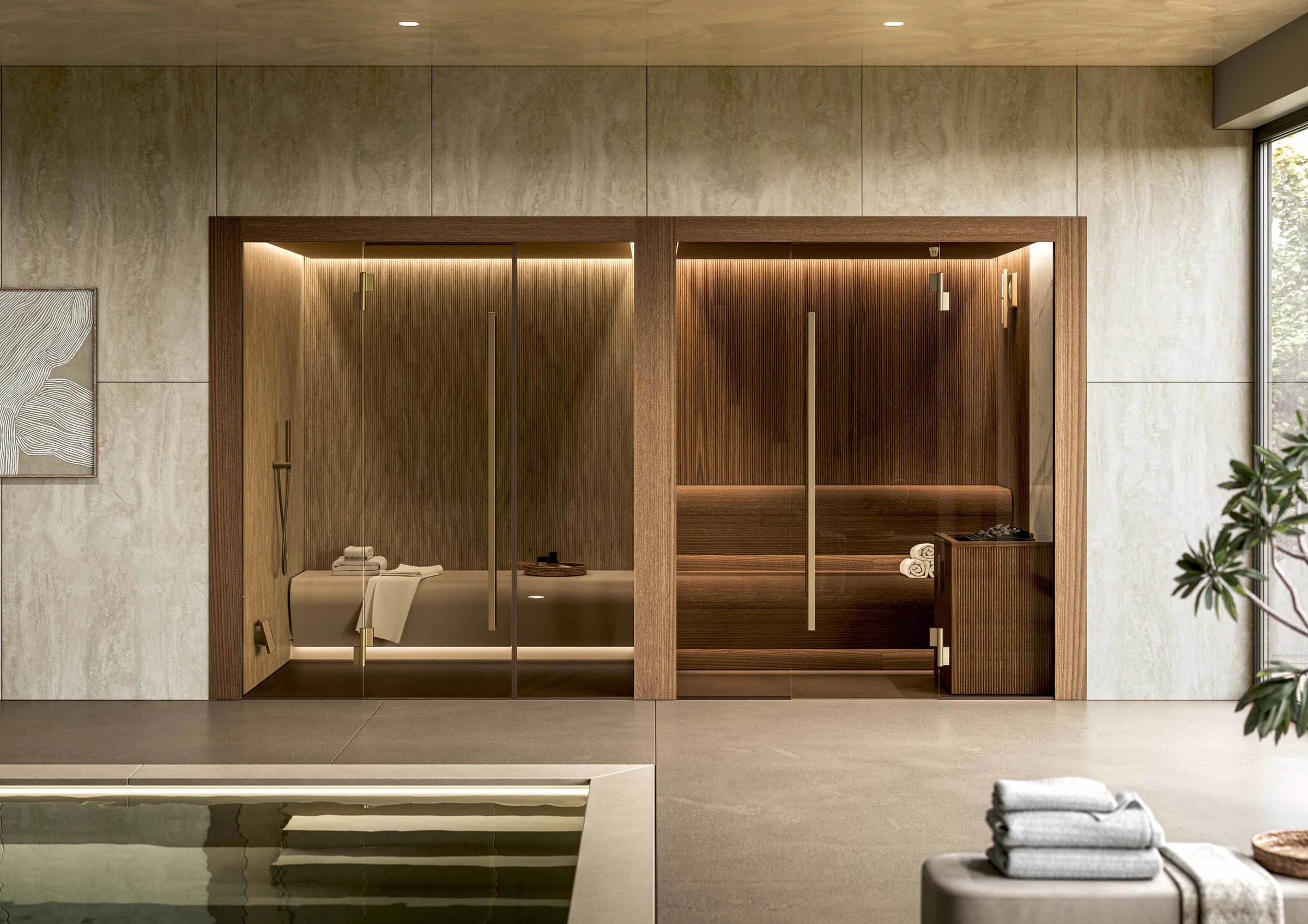 Bespoke glazed sauna and steam suite with warm timber finishes