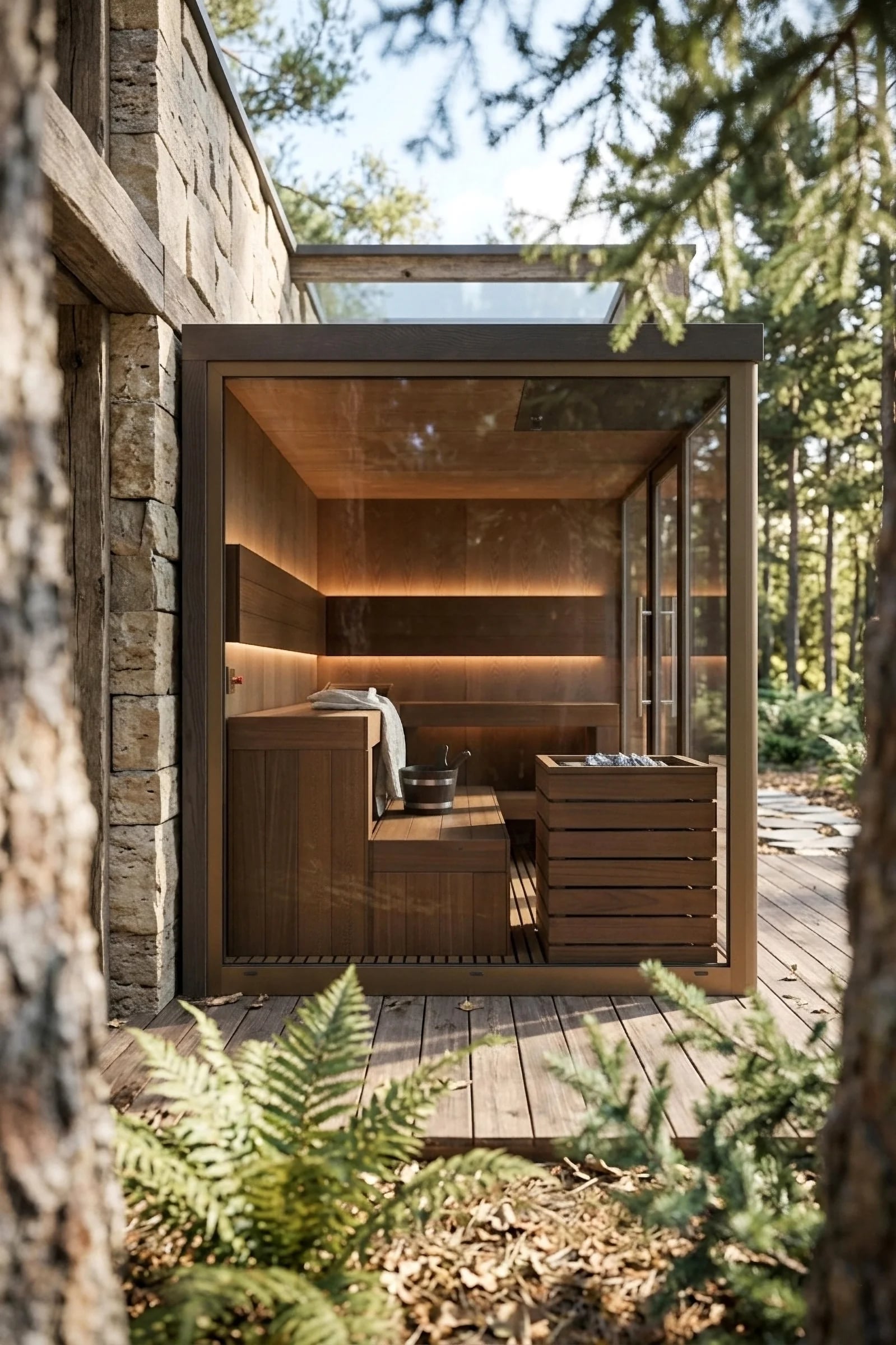 Contemporary glass-fronted outdoor sauna surrounded by trees