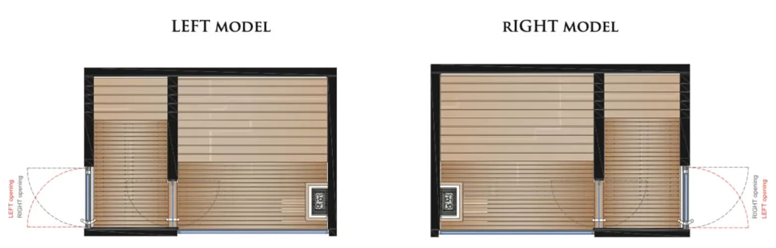 Floor plans comparing a left model and a right model, both featuring sliding doors and wooden flooring.
